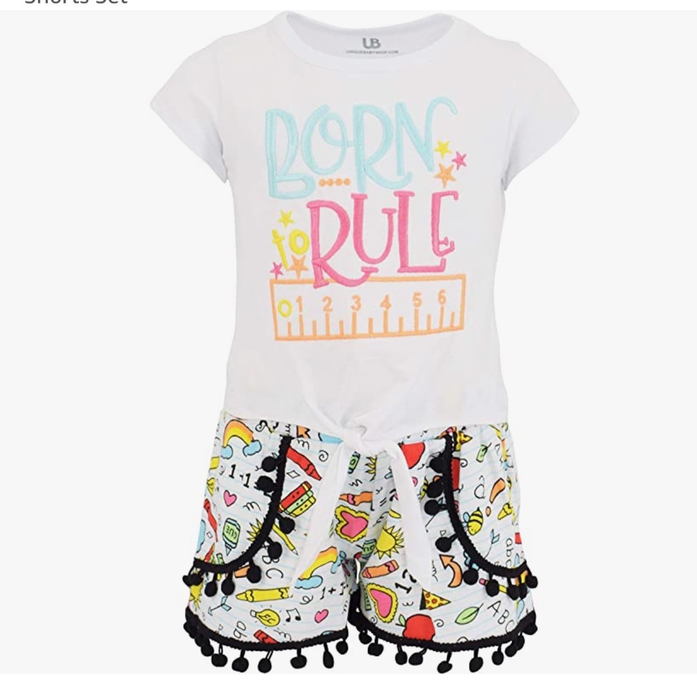 Unique Baby Girls Born to Rule Back to Grade School Pom Pom Shorts Set